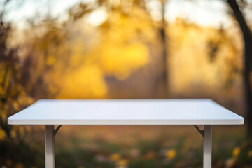 empty wooden table with blurred autumn  background 