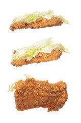 Fried Chicken Burger fly explosion, Chicken Burgers vegetable fall down. Hot bread chicken burger fast food throw splash in air. White background Isolated high speed shutter, freeze action