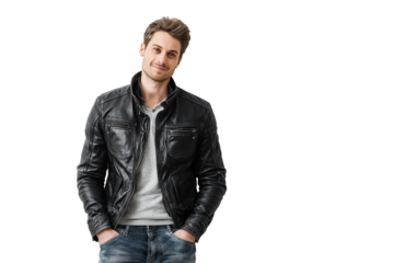 Handsome man wearing  black leather jacket and jeans isolated on transparent white background