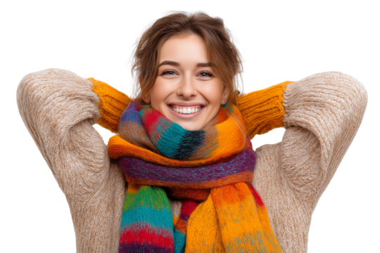 cheerful woman wearing colorful scarf smiling isolated on transparent white background