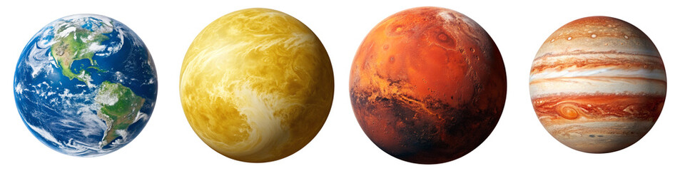 Fototapeta premium Colorful 3D Render of Planets Earth Venus Mars and Jupiter Isolated on Transparent Background PNG