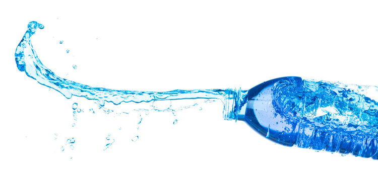 Drinking Water in Plastic Bottle fall fly in mid air, fresh water plastic bottle floating explosion. Fresh water plastic bottles pour throw in air. White background isolated freeze motion high speed