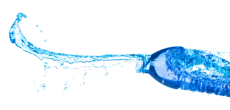 Drinking Water in Plastic Bottle fall fly in mid air, fresh water plastic bottle floating explosion. Fresh water plastic bottles pour throw in air. White background isolated freeze motion high speed