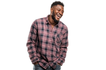happy and cheerful man laughing, smiling and happy with his hands in pocket isolated on transparent white background