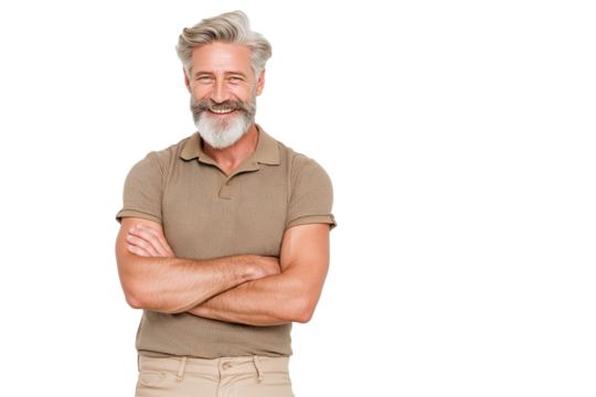 handsome senior man smiles warmly with crossed arms feeling confident and joyful isolated on transparent white background