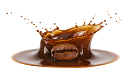 A single coffee bean is seen splashing into a pool of coffee creating a crown shaped splash effect