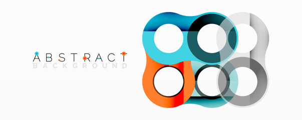 Modern abstract design features overlapping circles, vibrant colors. Blue, orange, gray tones create dynamic visual effect. Clean, minimalist aesthetic.