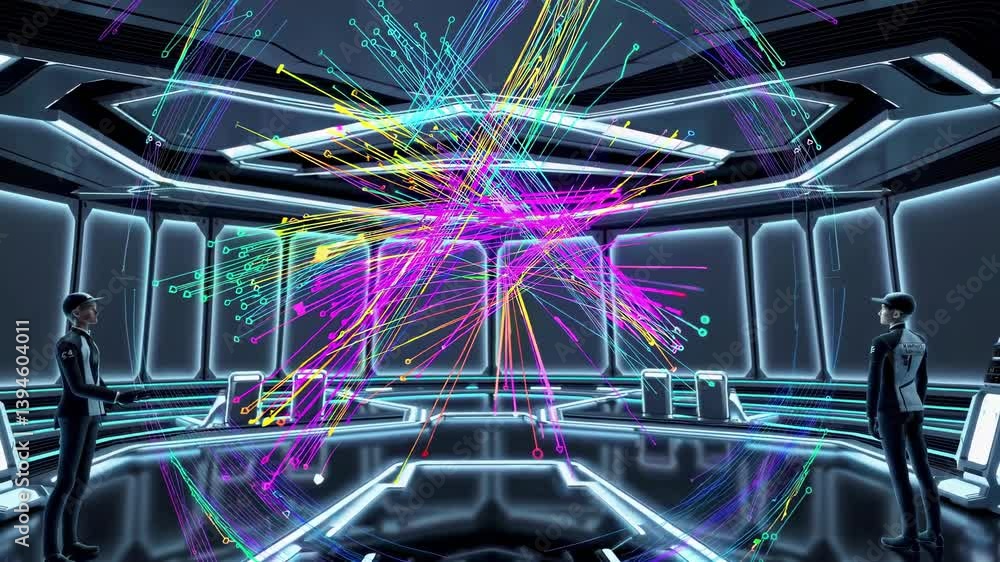 Poster innovative virtual environment showcases high-tech interactions in futuristic design
