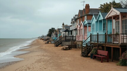 Obraz premium A sandy beach with pastel-colored beach huts in a row, set against a soft, overcast sky
