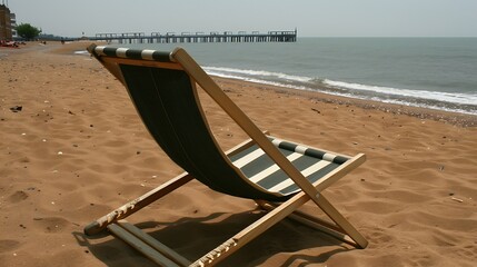 Fototapeta premium A striped beach chair sits on the sandy shore, facing the ocean.