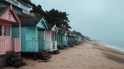Obraz premium A sandy beach with pastel-colored beach huts in a row, set against a soft, overcast sky