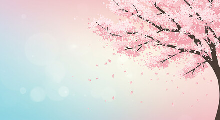Naklejka premium Serene Pink Cherry Blossom Tree Branch Soft Pastel Background Spring Blossoms Falling Petals