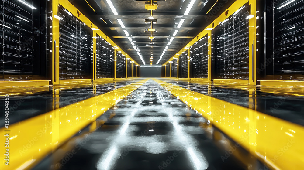 Fototapete modern data center featuring rows of server racks illuminated by bright lights, with reflective floo