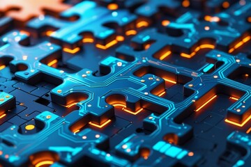 A close-up of a futuristic circuit board, illuminated with vibrant blue and orange lights. The intricate patterns represent innovation and advanced electronic technology
