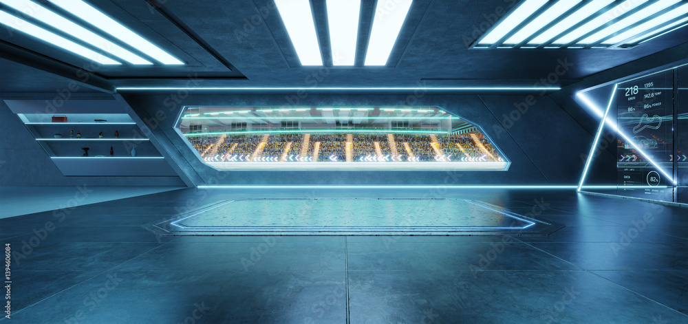 Poster 3d rendering futuristic garage overlooking race track with spectators cheering