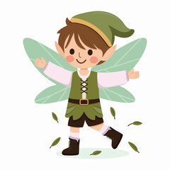 Cute forest fairy boy with wings on white background. Flora and Fauna. Poster, Banner, Flyer, Greeting Card. Vector illustration in flat cartoon style