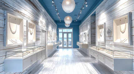bright and elegant jewelry store interior featuring white wooden walls, display cases showcasing various necklaces and jewelry pieces, and large windows allowing natural light to illuminate space
