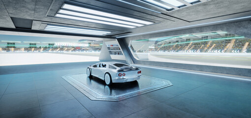 Obraz premium 3D rendering Futuristic white racing car parked inside garage overlooking race track