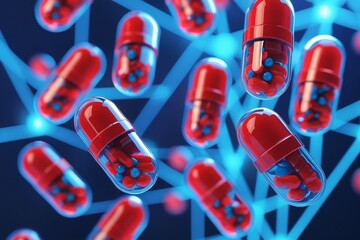 A visually striking image showcasing red and blue medicine capsules floating amidst glowing blue connections, symbolizing futuristic drug delivery and medical advancements