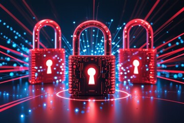 This image showcases glowing red padlocks with keyholes, surrounded by vibrant blue and red digital streams, symbolizing advanced cybersecurity and secure data transmission