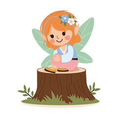 Cute forest fairy girl with wings on white background. Flora and Fauna. Poster, Banner, Flyer, Greeting Card. Vector illustration in flat cartoon style