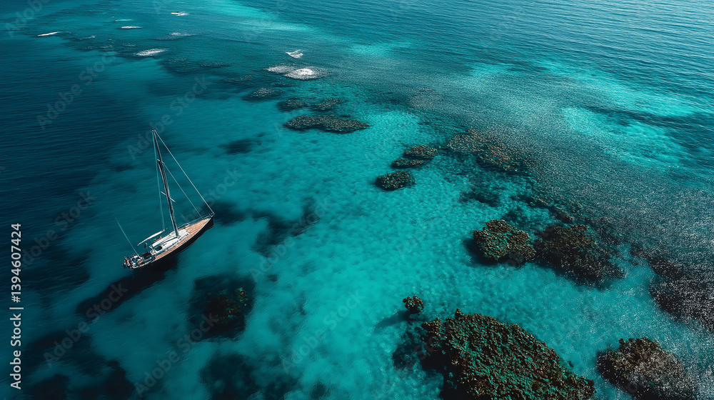 Poster aerial view of turquoise ocean water with scattered coral reefs and a lone sailboat casting a perfec