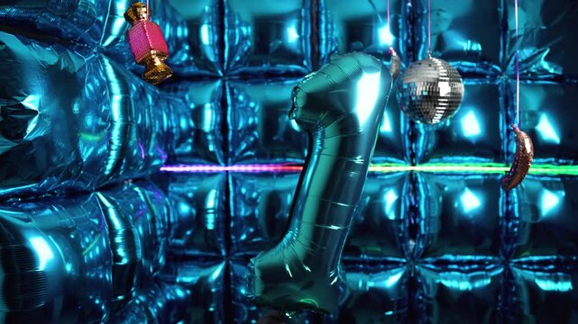Party Background with Number 1 Foil Balloon, Disco Balls, and Lights