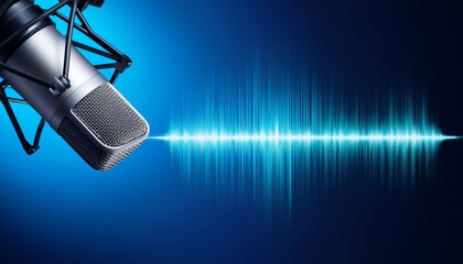 Studio microphone with visible soundwave on blue gradient background representing modern audio recording technology and sound concept. Generated image