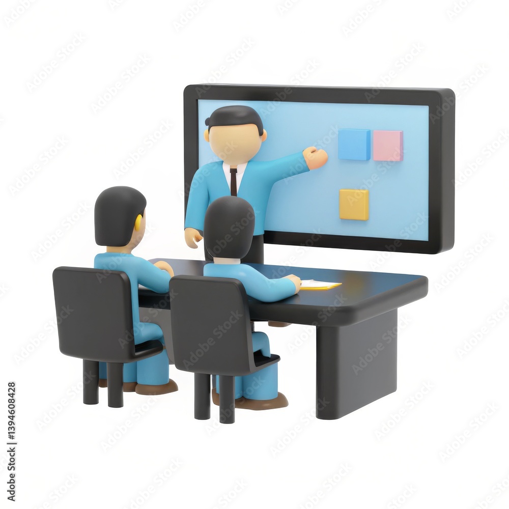 Poster business consultant providing expert advice to a group of professionals at a desk with computer scre