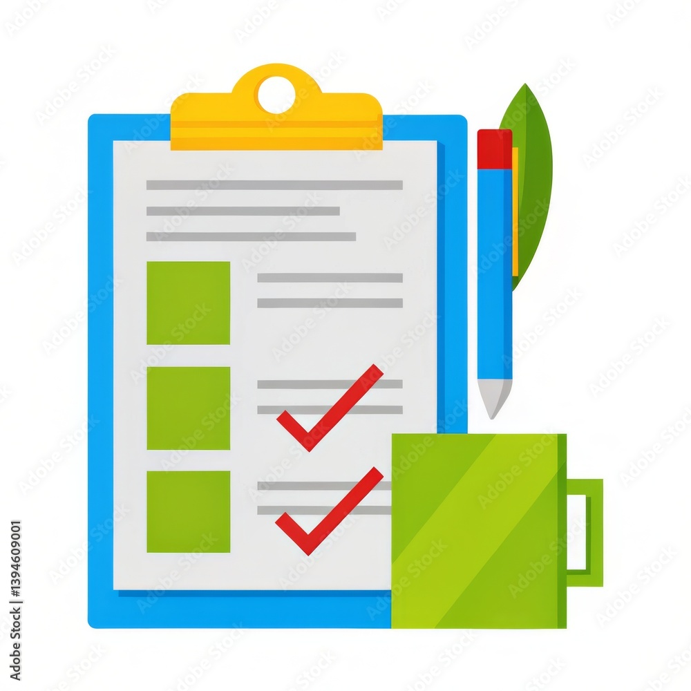 Poster clipboard featuring completed checklist accompanied by a pen illustrating task fulfillment and accom