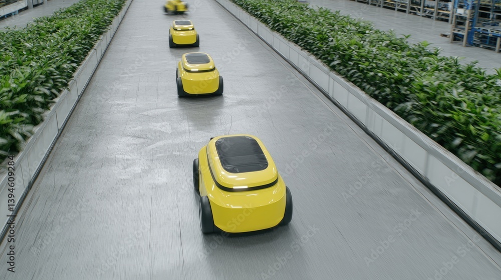 Poster autonomous vehicles on an automated conveyor system in a modern factory