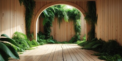 Obraz premium Wooden Room with Archway and Lush Greenery Creating Serene Natural Scene