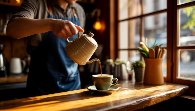 Barista pouring coffee into a cup in a cozy cafe setting
