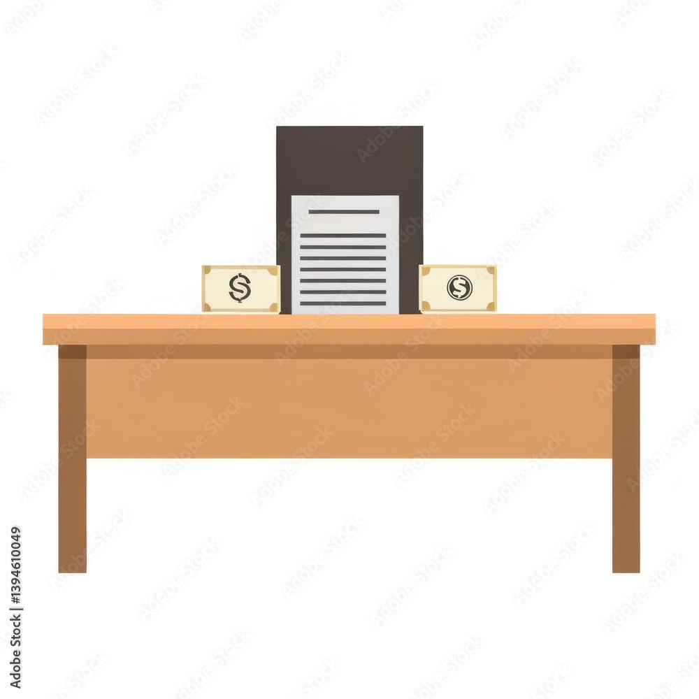 Poster a desk surrounded by a stack of money and a loan contract with a signature highlighting financial tr