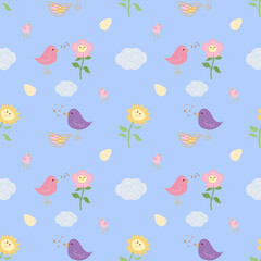 Vector doodle illustration.Seamless pattern of cute cartoon birds in different poses on white background, eggs, nest, flowers. Easter spring background. Funny birds for children's decor. Design of tex