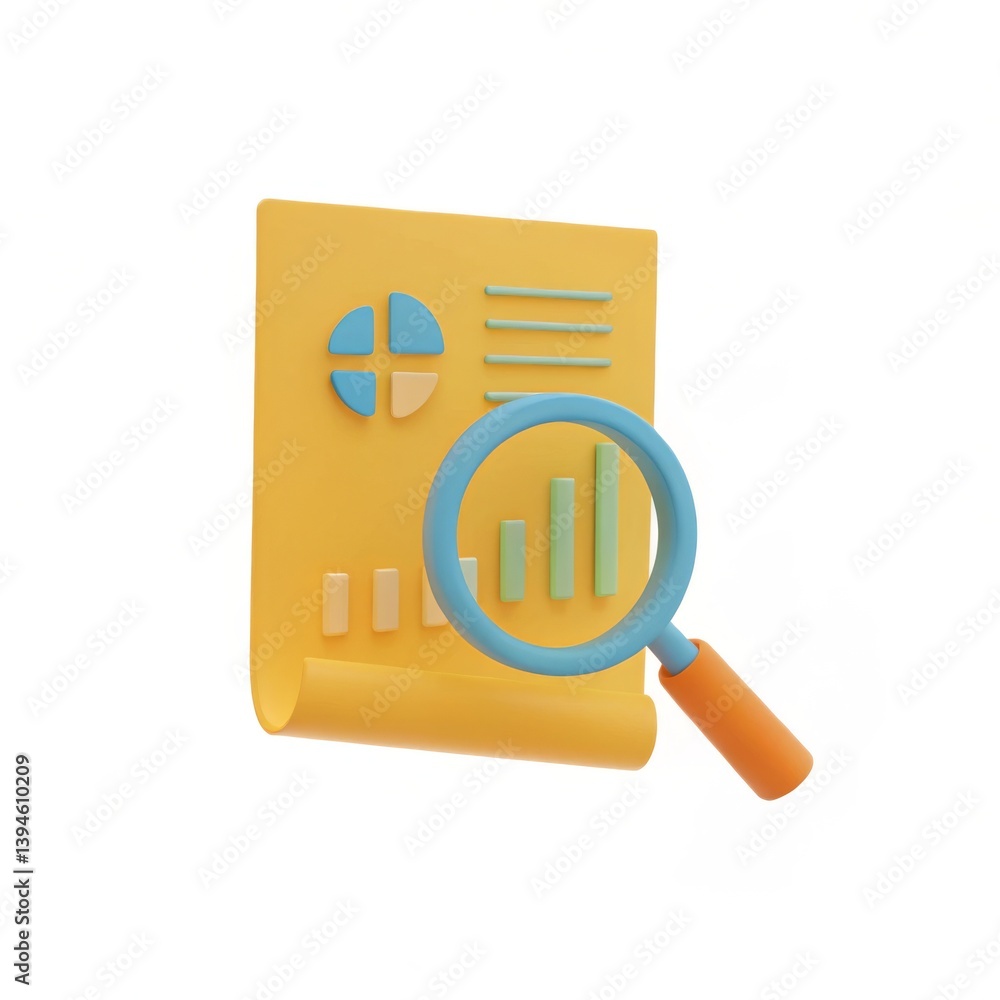 Poster a magnifying glass focusing on a financial report with detailed data and statistics for comprehensiv