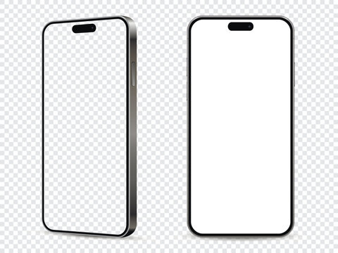 Realistic smartphone mockup. Front and side view with white and empty screen on transparent background.
