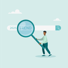 Character using magnifying glass to discover website. Researching 2025 trends, vision of new business or career opportunity. Vector illustration.