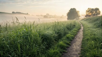 Obraz premium Serene misty landscape with a path through tall grass at dawn.