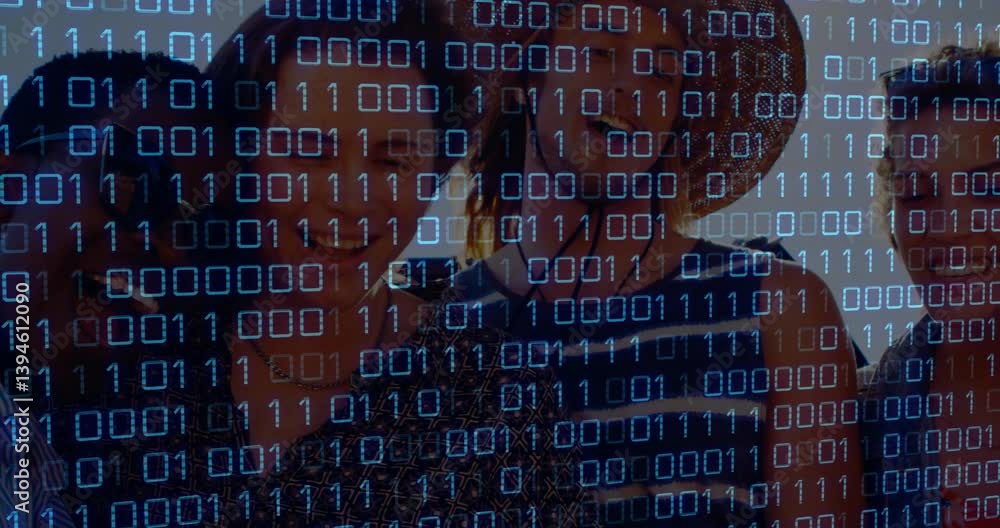 Poster in school, animation of binary code overlaying silhouette of person at computer