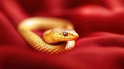 Fototapeta premium Golden snake coiled on red cloth