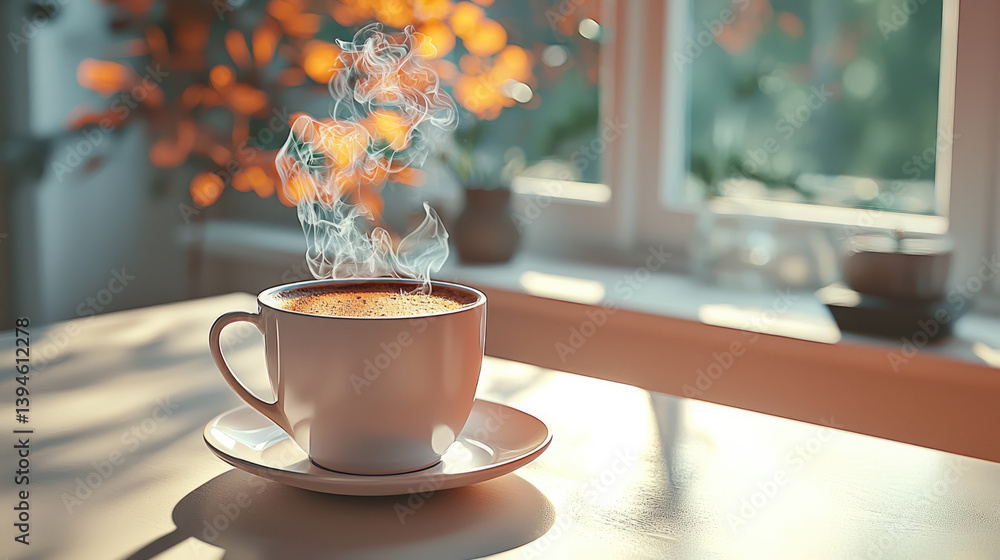 Poster steaming cup of coffee sits on saucer, surrounded by warm, inviting atmosphere with soft sunlight fi