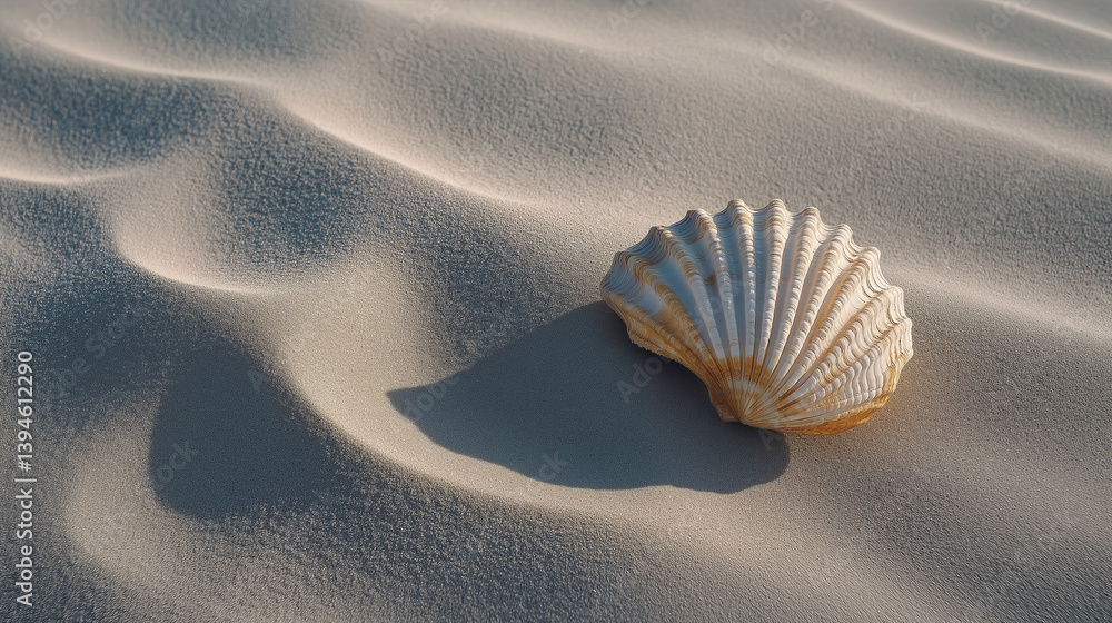 Poster Close-up of textured sand dunes with ripples and shadow play, a single seashell resting in the foreground 