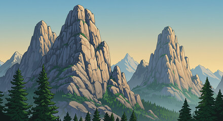 Majestic Sunrise Over Rugged Mountain Peaks and Evergreen Forest