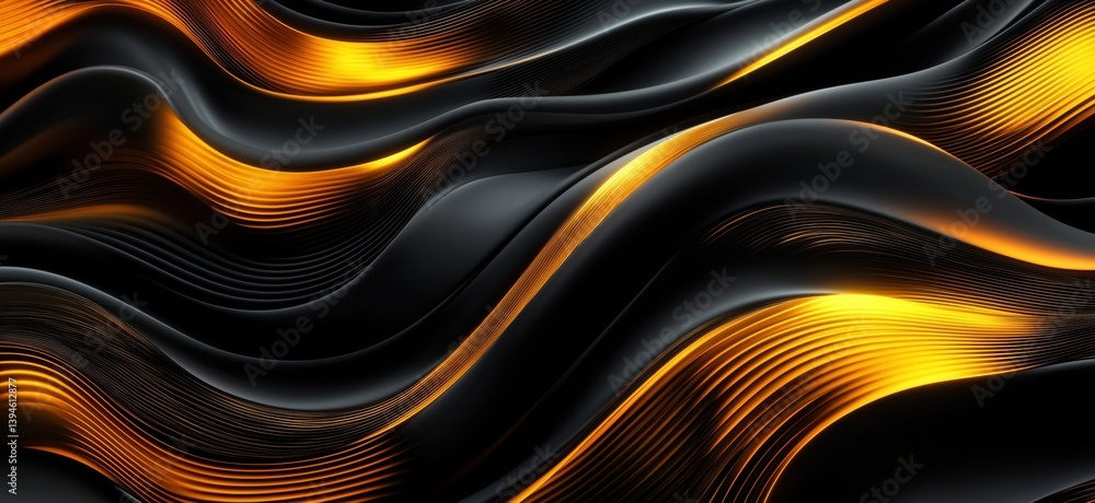 Poster abstract wavy patterns with black and gold colors creating dynamic visual flow