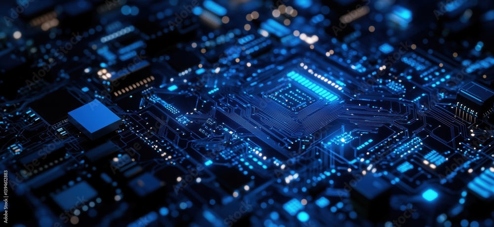 Aufkleber close-up view of intricate blue circuit board with glowing microchip and electronic components