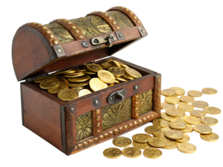 treasure chest with gold coins on white background, PNG