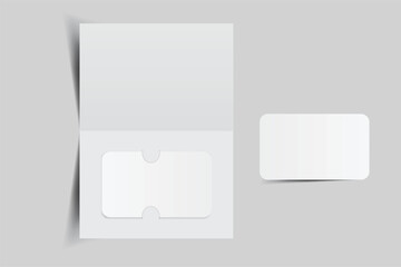 3D Realistic plastic credit card and booklet holder, open leaflet, bifold mockup isolated on background. Blank template design for online business and finance, technology payment, digital pay concept
