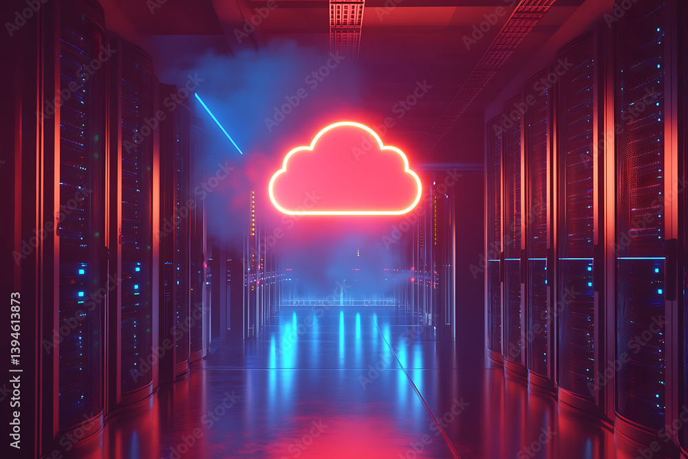Poster futuristic data center with cloud neon sign server racks, digital infrastructure, cloud computing, a