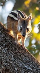 Obraz premium numbat walking on a tree branch with forest trees in a serene natural setting. international day for biodiversity and wildlife conservation